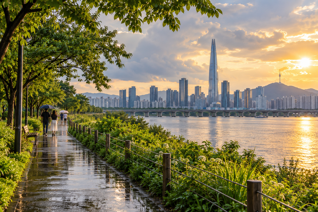 Green riverside path overlooking the Seoul skyline in summer