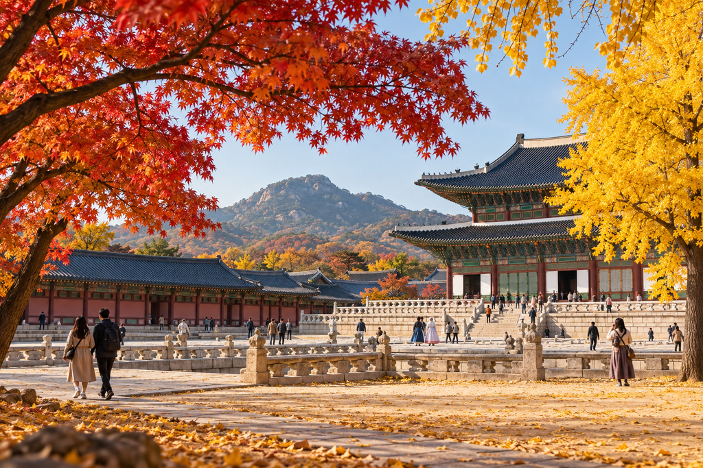 Red and golden autumn leaves surrounding a palace in Seoul
