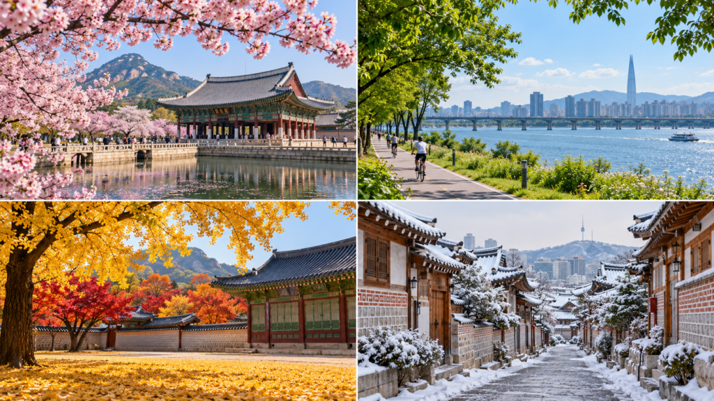 Four views of South Korea in spring, summer, fall, and winter