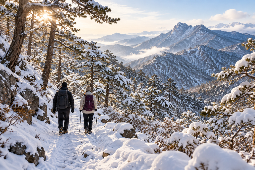 Two hikers on a snow-covered mountain trail in Gangwon Province, South Korea