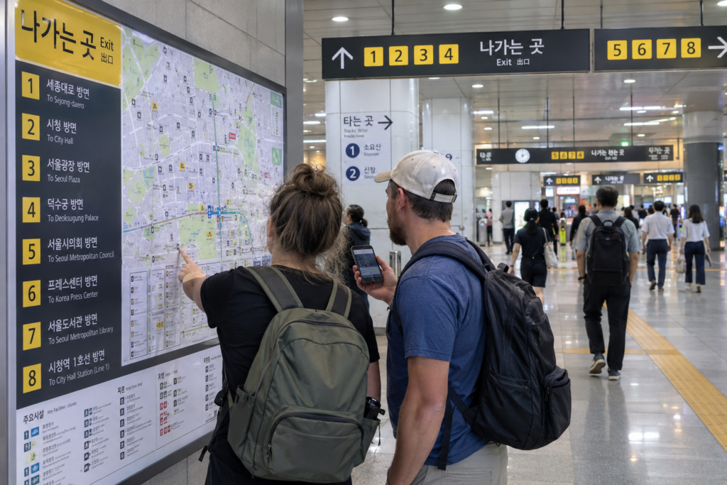 Traveler checking walking directions near Seoul Station