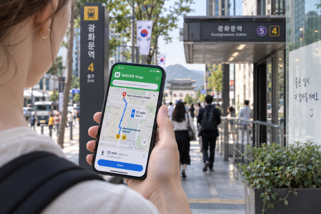 Naver Map provides detailed walking and public transportation directions in Korea.