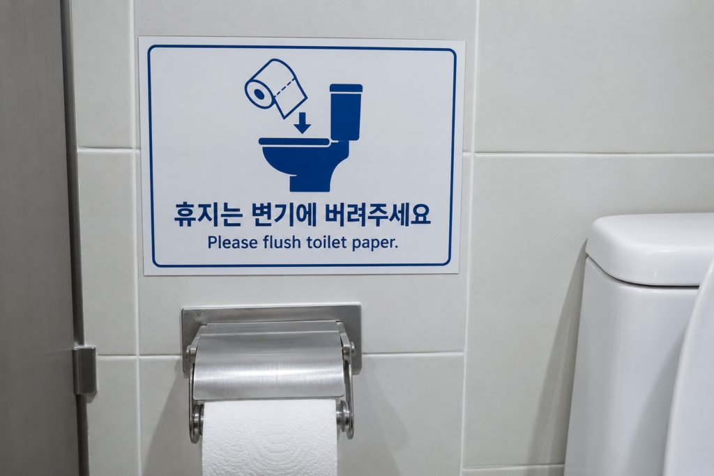 Korean restroom sign asking users to flush toilet paper