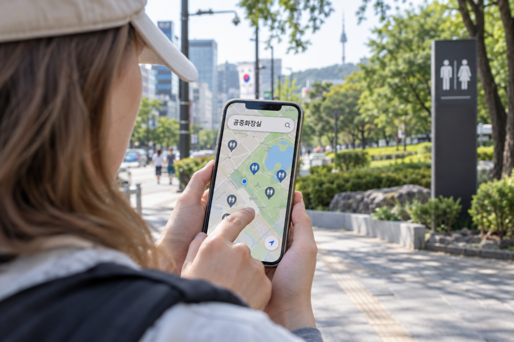 Traveler searching for a public restroom on a map in Seoul
