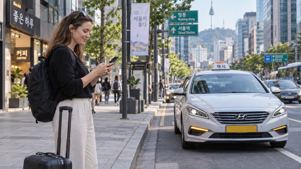 American traveler using a smartphone to request a taxi in Seoul, South Korea