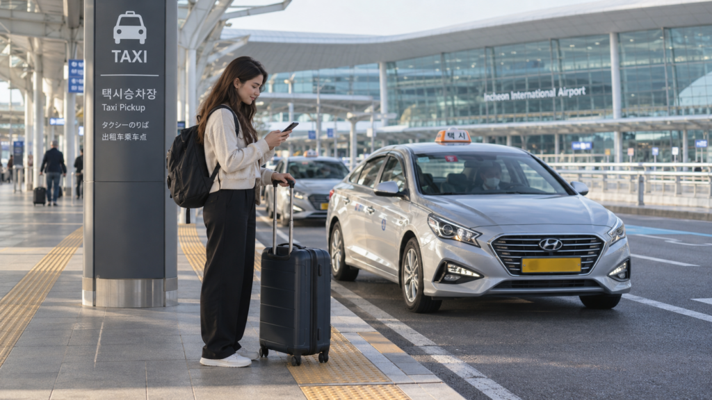 International traveler checking a smartphone at the taxi pickup area outside Incheon International Airport