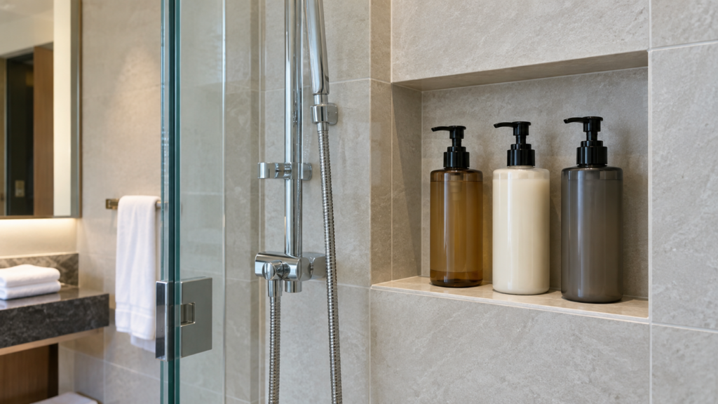 Large refillable shampoo, conditioner, and body wash dispensers in a Korean hotel shower