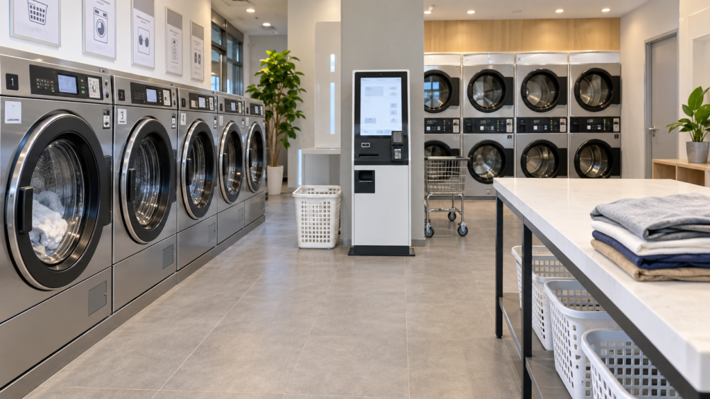 Modern self-service laundromat in Korea with washers, dryers, payment kiosk, and folding table