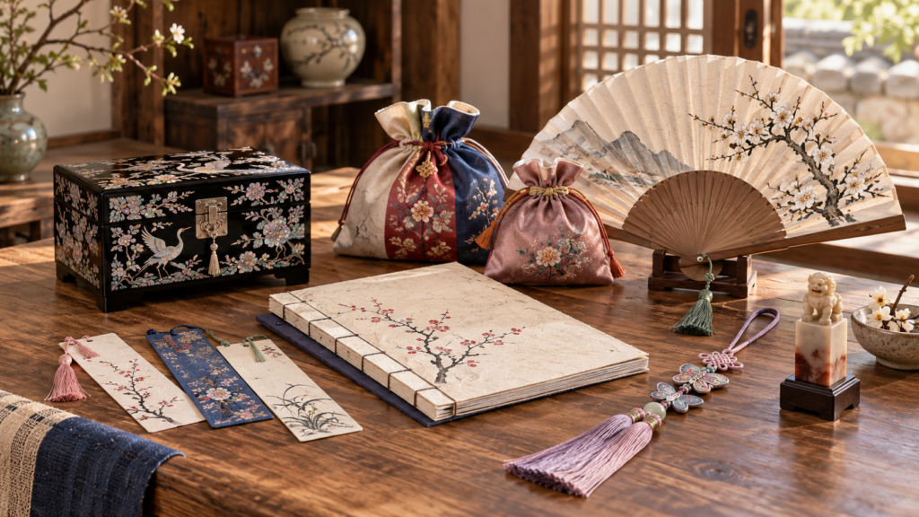 Traditional Korean souvenirs including mother-of-pearl crafts, hanji stationery, pouches, and a folding fan