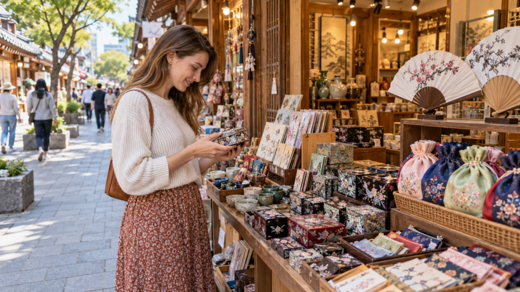 Traveler shopping for traditional Korean souvenirs in Insadong, Seoul