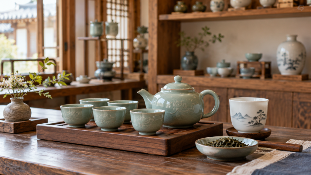 Traditional-style Korean ceramic tea set displayed as a souvenir