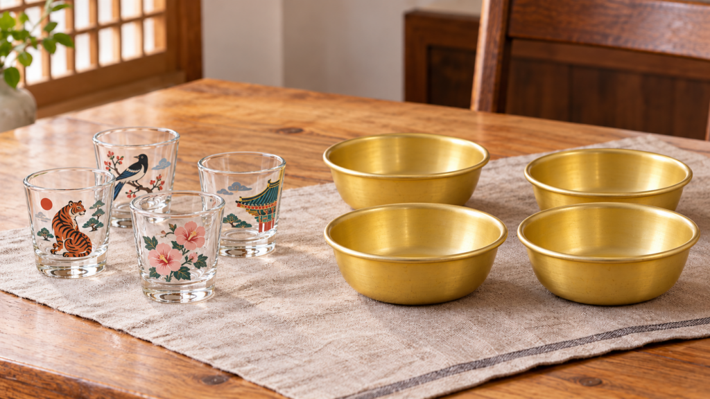 Modern Korean souvenir soju glasses and yellow aluminum makgeolli cups