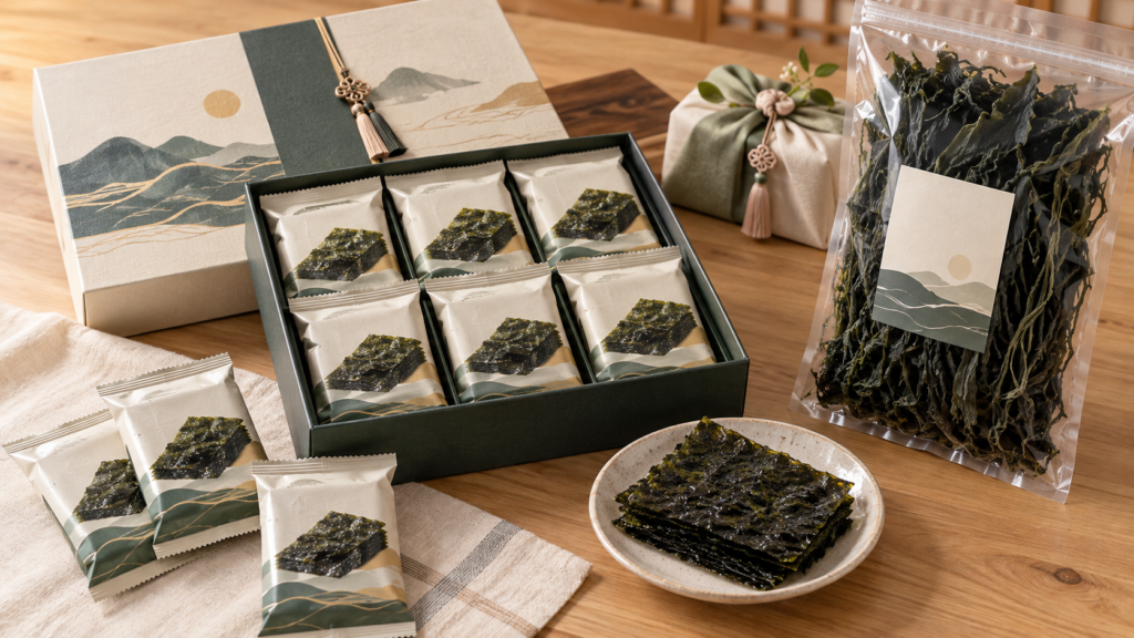 Korean roasted seaweed gift set with individually packaged gim and dried miyeok