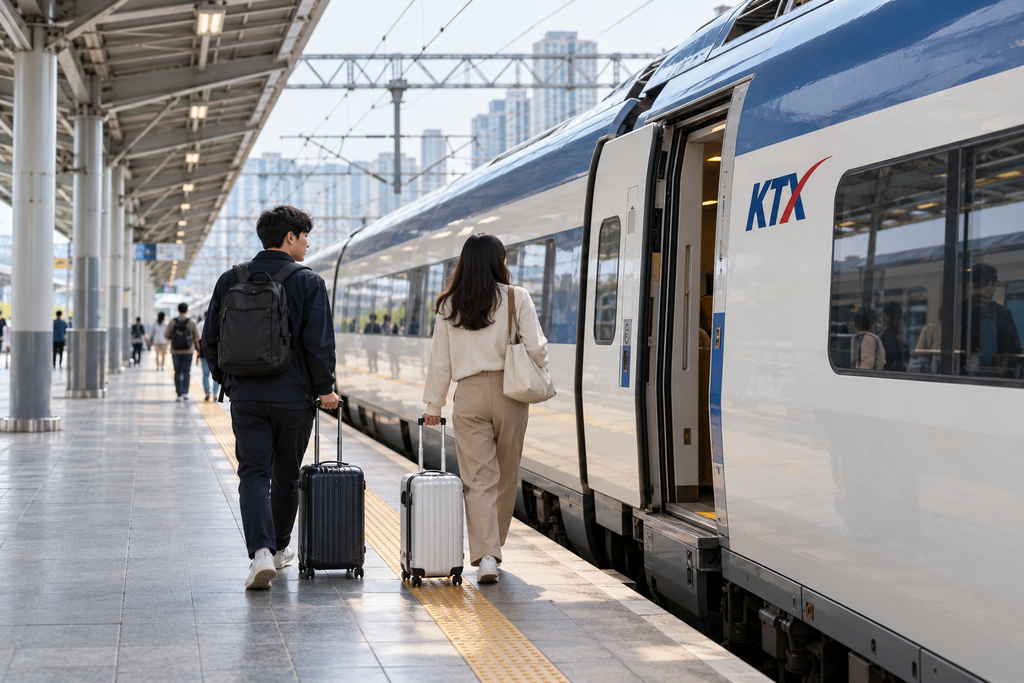 Travelers with rolling suitcases walking beside a KTX train at a Korean railway station.