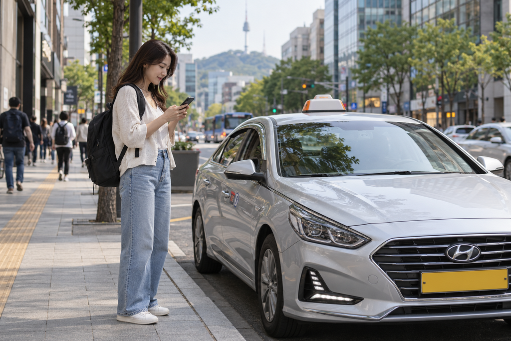 Traveler checking her smartphone beside a silver taxi on a Seoul street.