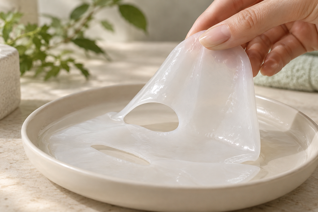 Hand lifting a translucent hydrogel face mask above an ivory tray.