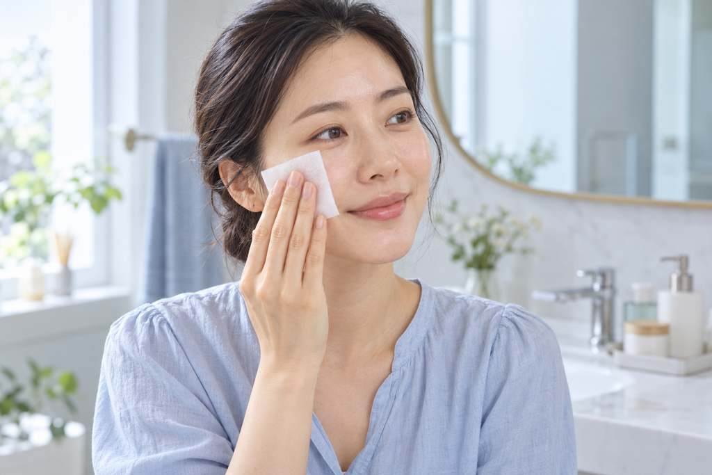 Woman gently pressing a white toner pad against her cheek.