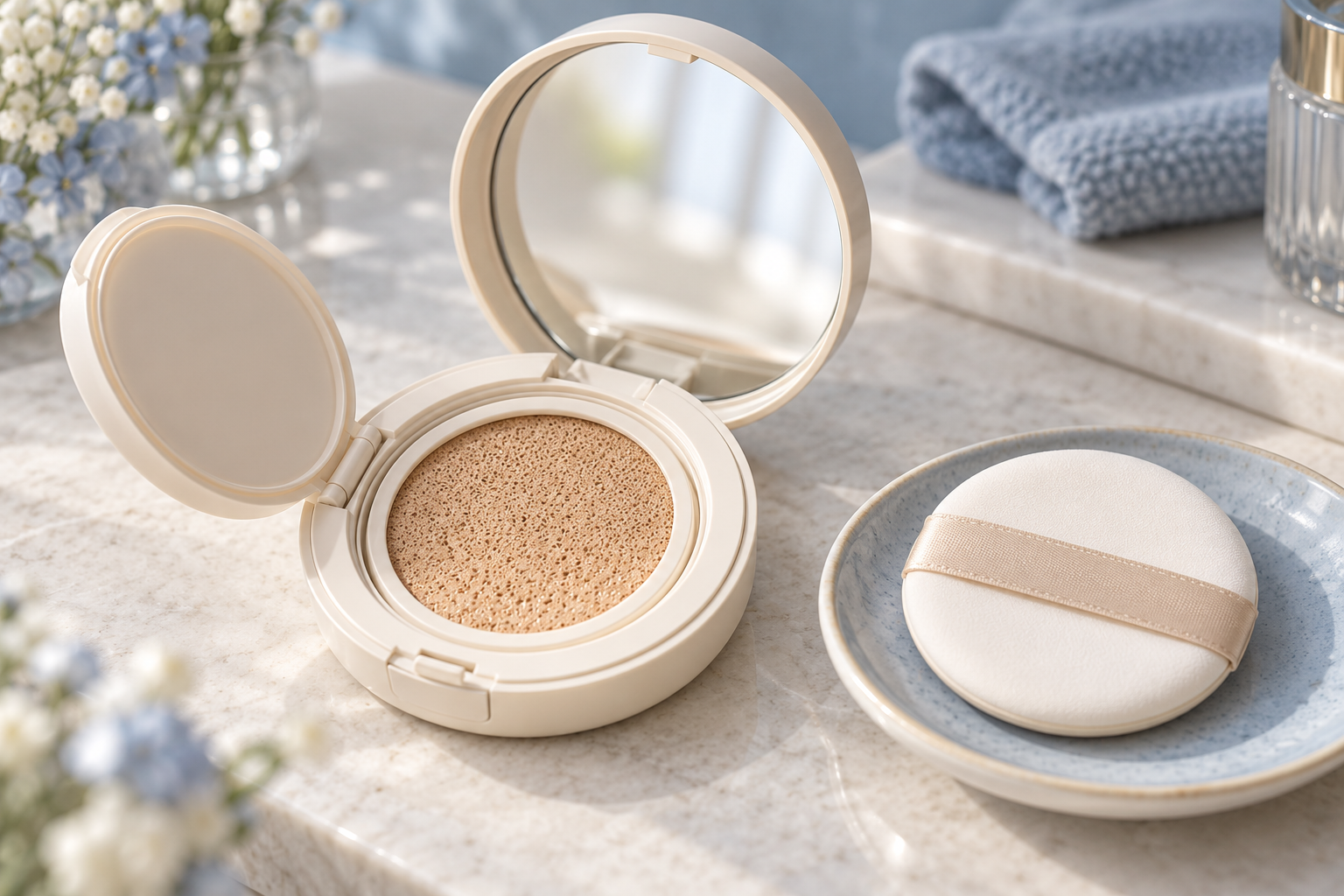Open ivory cushion foundation compact with a mirror and a separate makeup puff.