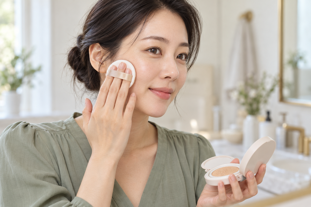 Woman gently applying cushion foundation to her cheek with a round puff.