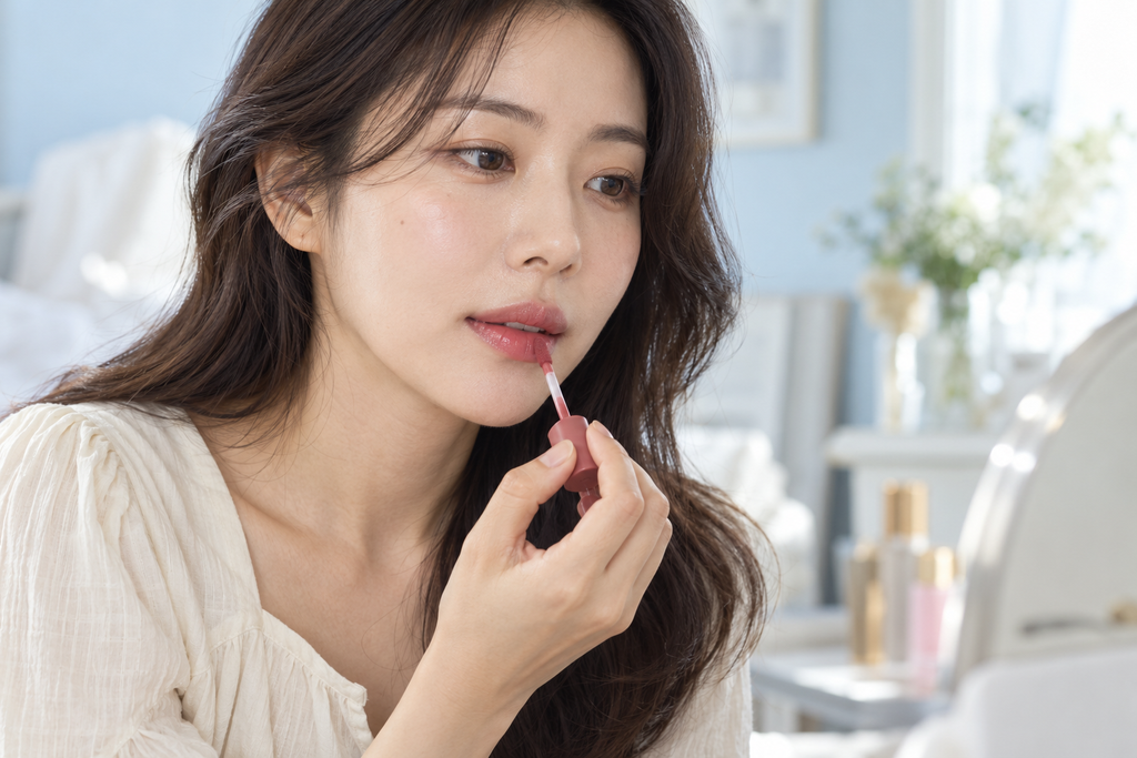 Woman applying rosy lip tint with a doe-foot applicator.