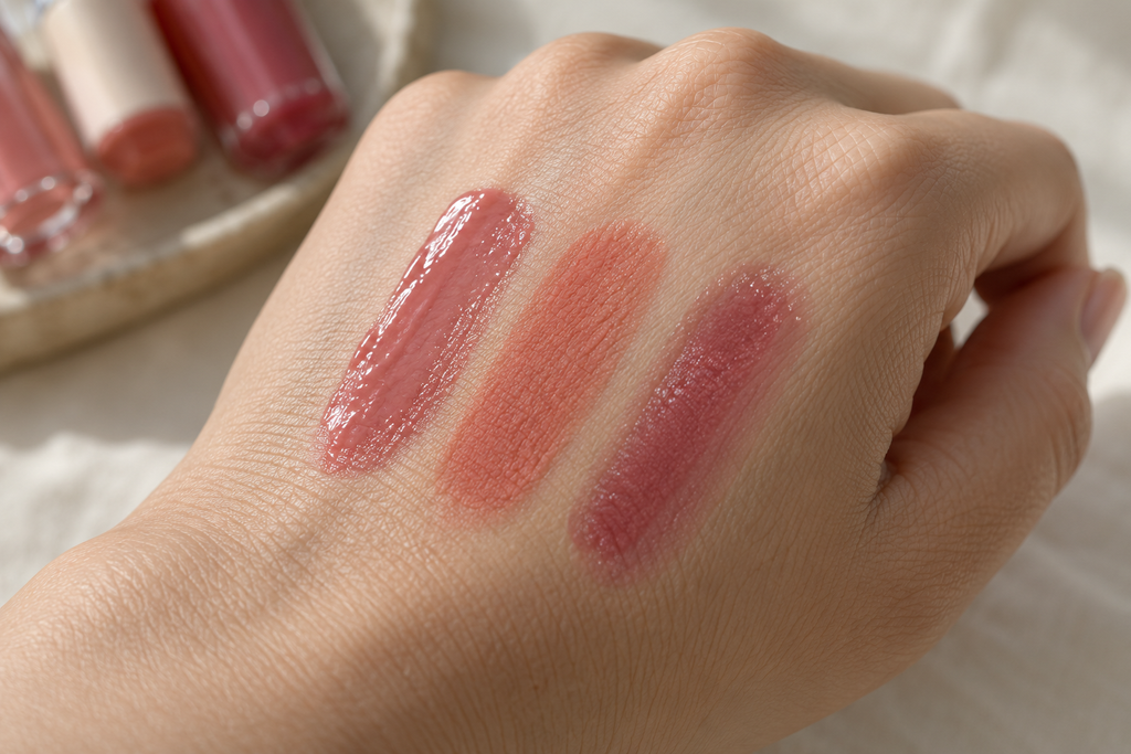 Rose, coral, and berry lip tint swatches on the back of a hand.