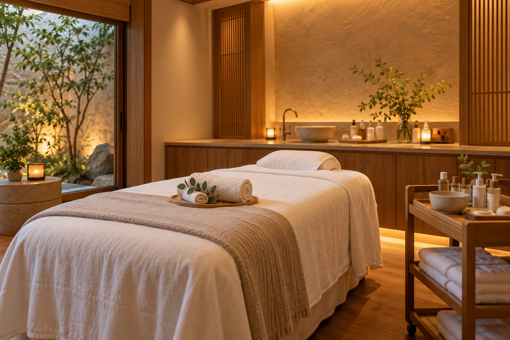 Warm wooden skincare spa room with a facial bed and fresh towels