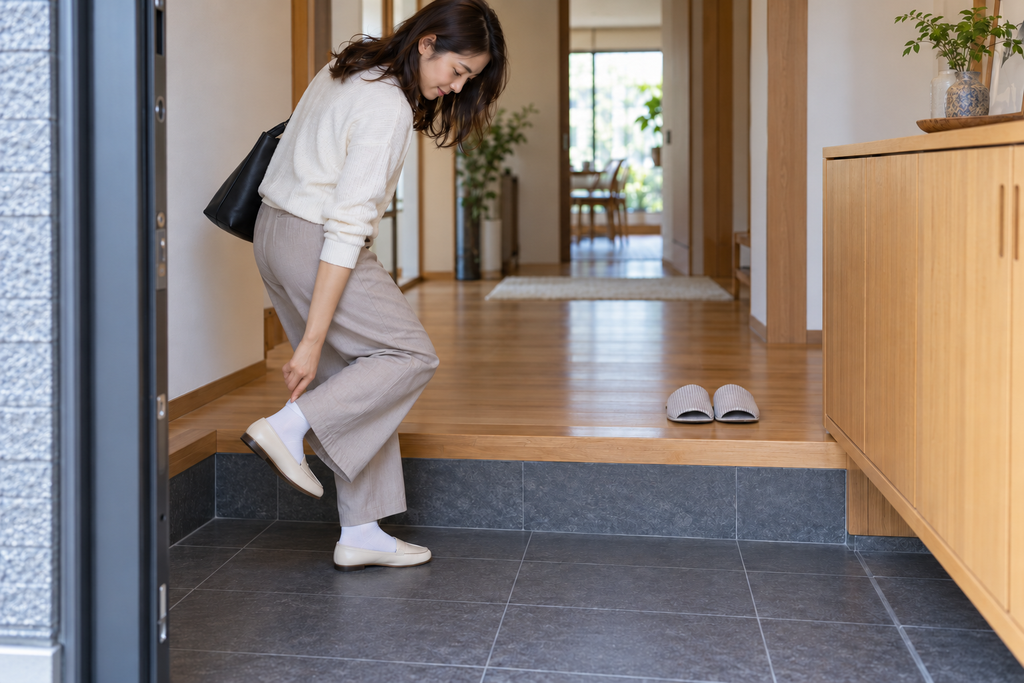 Remove outdoor shoes at the entrance before stepping onto the interior floor.